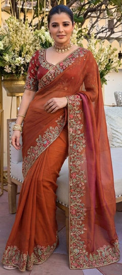 Beige and Brown color Saree in Tissue fabric with Embroidered, Sequence work