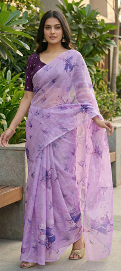 Purple and Violet color Saree in Organza Silk fabric with Printed, Sequence, Thread work