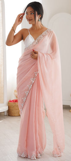 Pink and Majenta color Saree in Chiffon fabric with Bugle Beads, Cut Dana, Sequence work