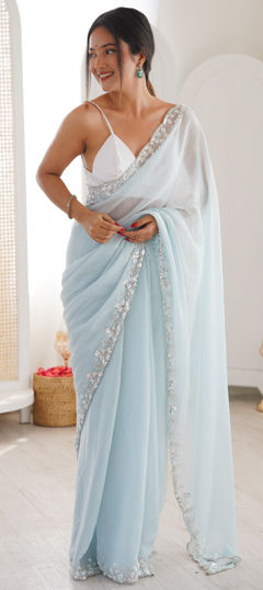 Blue color Saree in Chiffon fabric with Bugle Beads, Cut Dana, Sequence work