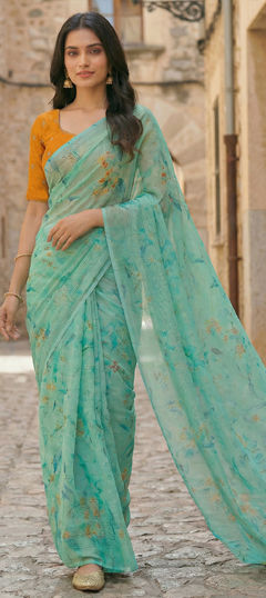 Green color Saree in Organza Silk fabric with Printed, Sequence, Thread work