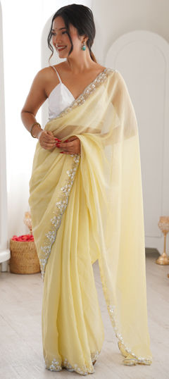 Yellow color Saree in Chiffon fabric with Bugle Beads, Cut Dana, Sequence work