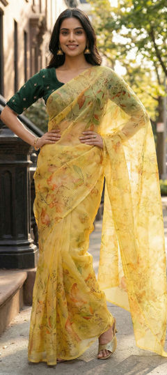 Yellow color Saree in Organza Silk fabric with Printed, Sequence, Thread work