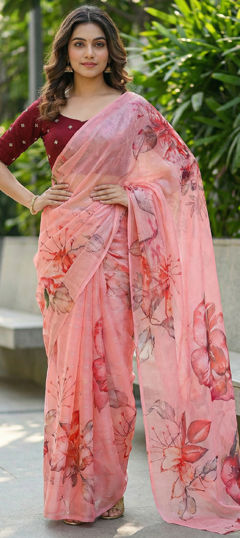 Pink and Majenta color Saree in Organza Silk fabric with Printed, Sequence, Thread work
