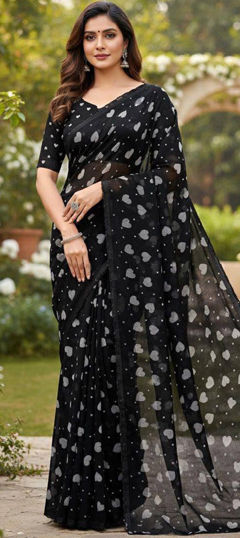 Black and Grey color Saree in Georgette fabric with Printed work