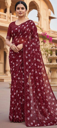 Red and Maroon color Saree in Georgette fabric with Printed work