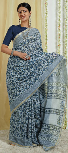 Blue color Saree in Chanderi Silk fabric with Printed work