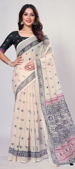 White and Off White color Saree in Linen fabric with Printed work