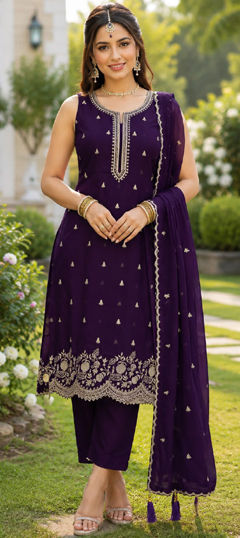 Purple and Violet color Salwar Kameez in Georgette fabric with Embroidered, Sequence work