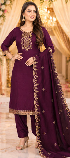 Purple and Violet color Salwar Kameez in Blended Cotton fabric with Embroidered work