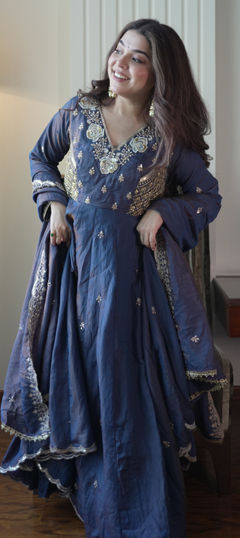 Blue color Salwar Kameez in Silk fabric with Bugle Beads, Embroidered, Sequence work