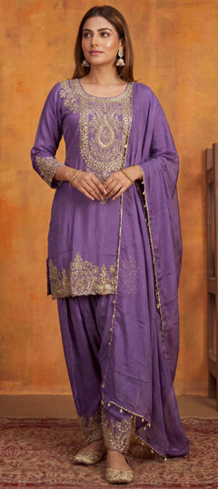Purple and Violet color Salwar Kameez in Shimmer, Tissue fabric with Embroidered work