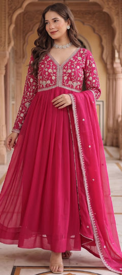 Pink and Majenta color Gown in Georgette fabric with Embroidered work
