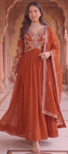 Beige and Brown color Gown in Georgette fabric with Embroidered work
