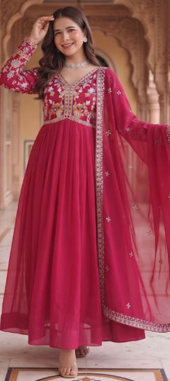 Red and Maroon color Gown in Georgette fabric with Embroidered work