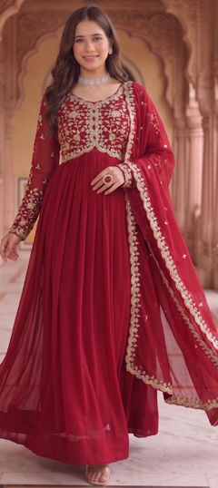 Red and Maroon color Gown in Georgette fabric with Embroidered work