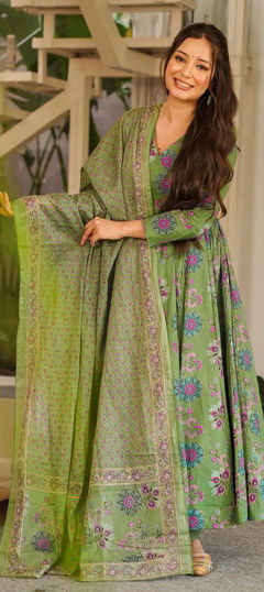 Green color Salwar Kameez in Muslin fabric with Digital Print work