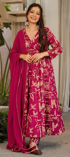 Pink and Majenta color Salwar Kameez in Muslin fabric with Digital Print work