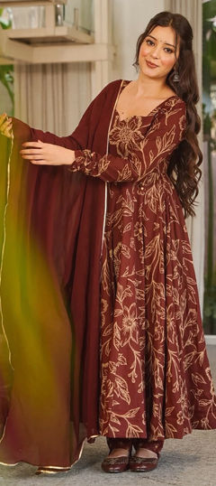 Beige and Brown color Salwar Kameez in Muslin fabric with Digital Print work