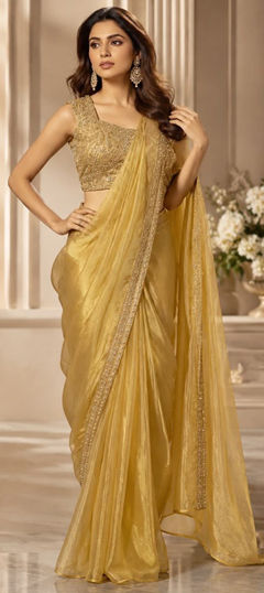 Gold color Readymade Saree in Satin Silk fabric with Bugle Beads work