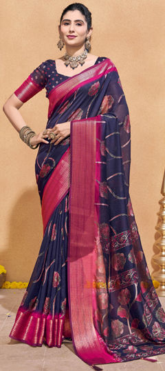 Blue color Saree in Silk fabric with Printed work