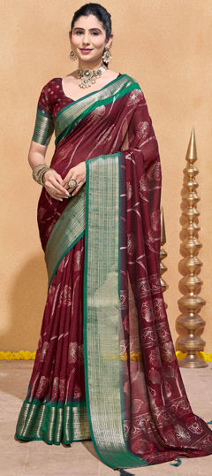 Red and Maroon color Saree in Silk fabric with Printed work