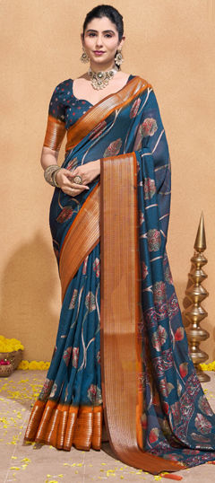Black and Grey color Saree in Silk fabric with Printed work