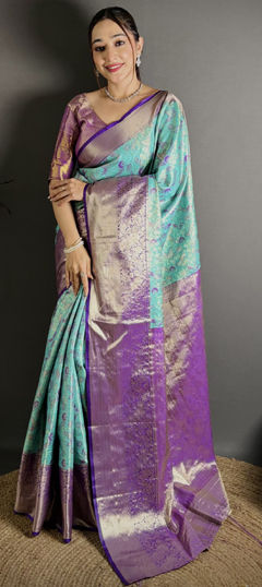 Blue, Purple and Violet color Saree in Kanjeevaram Silk fabric with Weaving work
