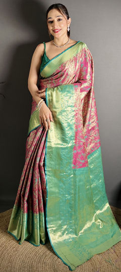 Beige and Brown, Green color Saree in Kanjeevaram Silk fabric with Weaving work