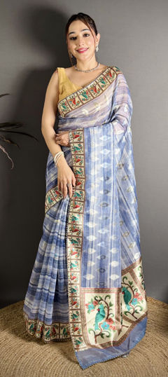 Blue color Saree in Cotton fabric with Border, Printed work