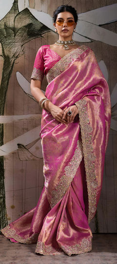 Pink and Majenta color Saree in Banarasi Silk fabric with Embroidered, Sequence, Thread, Zari, Zircon work