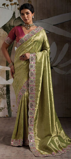 Green color Saree in Banarasi Silk fabric with Embroidered, Sequence, Thread, Zari, Zircon work