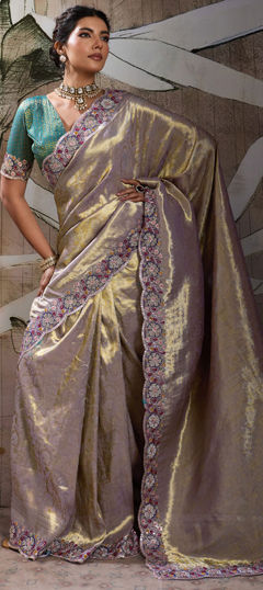 Black and Grey color Saree in Banarasi Silk fabric with Embroidered, Sequence, Thread, Zari, Zircon work