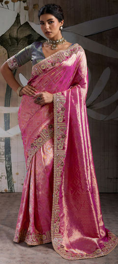Pink and Majenta color Saree in Banarasi Silk fabric with Embroidered, Sequence, Thread, Zari, Zircon work