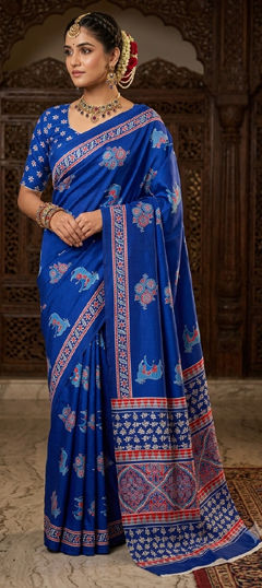 Blue color Saree in Crepe Silk fabric with Digital Print work