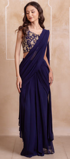 Blue color Readymade Saree in Georgette fabric with Embroidered work