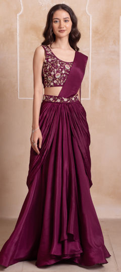 Purple and Violet color Readymade Saree in Chinon Silk fabric with Embroidered work