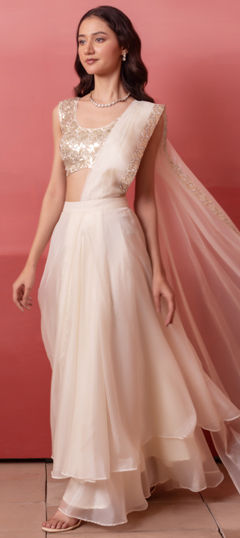White and Off White color Readymade Saree in Organza Silk fabric with Sequence work