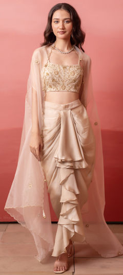 Beige and Brown color Ready to Wear Lehenga in Organza Silk fabric with Embroidered work