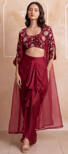Red and Maroon color Ready to Wear Lehenga in Satin fabric with Embroidered work