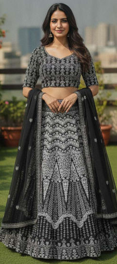 Black and Grey color Lehenga in Faux Georgette fabric with Embroidered, Sequence work