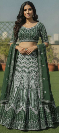 Green color Lehenga in Faux Georgette fabric with Embroidered, Sequence work