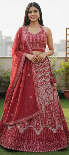 Red and Maroon color Lehenga in Faux Georgette fabric with Embroidered, Sequence work