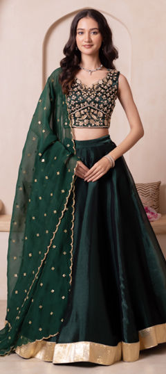 Green color Ready to Wear Lehenga in Organza Silk fabric with Embroidered work