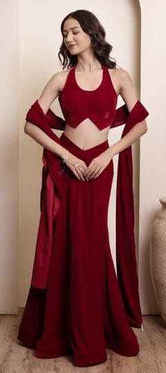 Red and Maroon color Ready to Wear Lehenga in Velvet fabric with Thread work