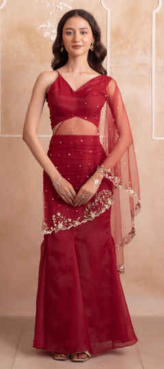 Red and Maroon color Ready to Wear Lehenga in Organza Silk fabric with Embroidered work