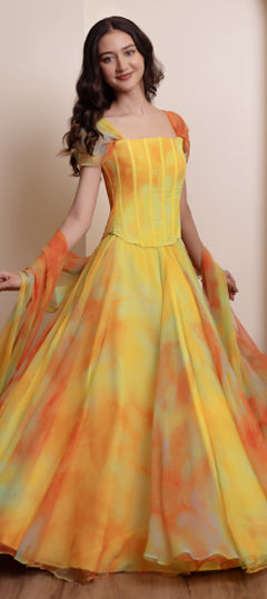 Yellow color Long Lehenga Choli in Chiffon fabric with Tye n Dye work