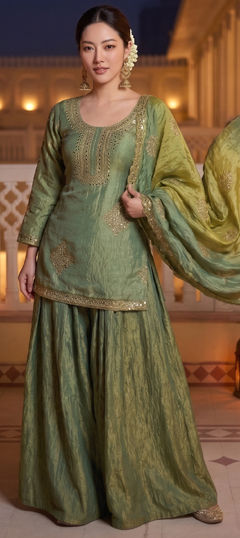 Green color Salwar Kameez in Tissue fabric with Embroidered, Sequence, Zari work