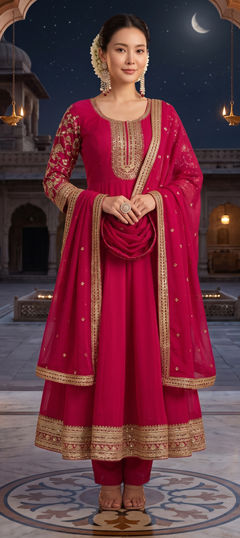 Pink and Majenta color Salwar Kameez in Faux Georgette fabric with Embroidered, Sequence, Zari work