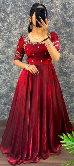 Red and Maroon color Gown in Satin Silk, Tissue fabric with Embroidered work